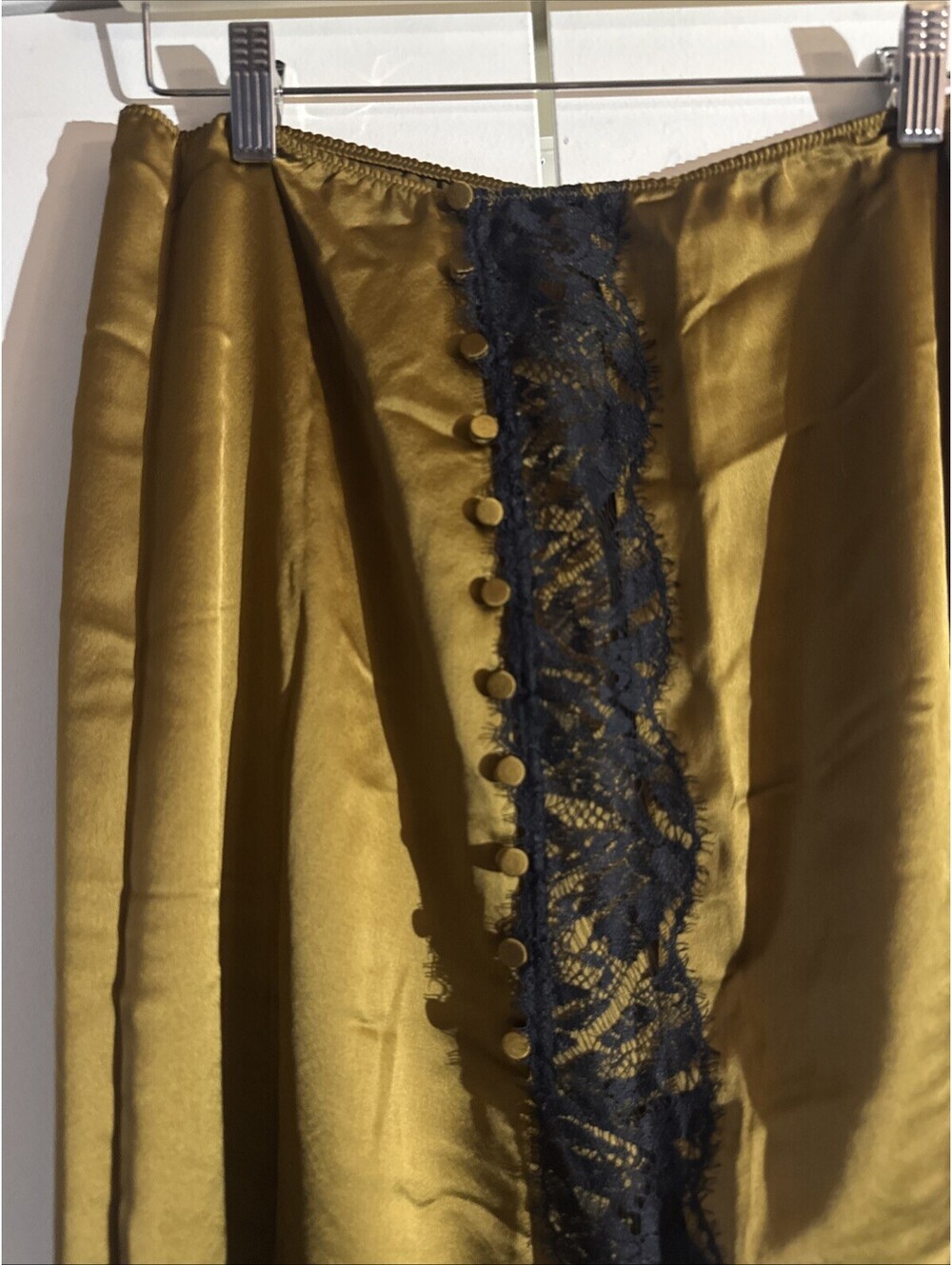 Victoria’s Secret Satin Gold Bronze Midi Slip Skirt Black Lace Button Trim X - Picture 3 of 12